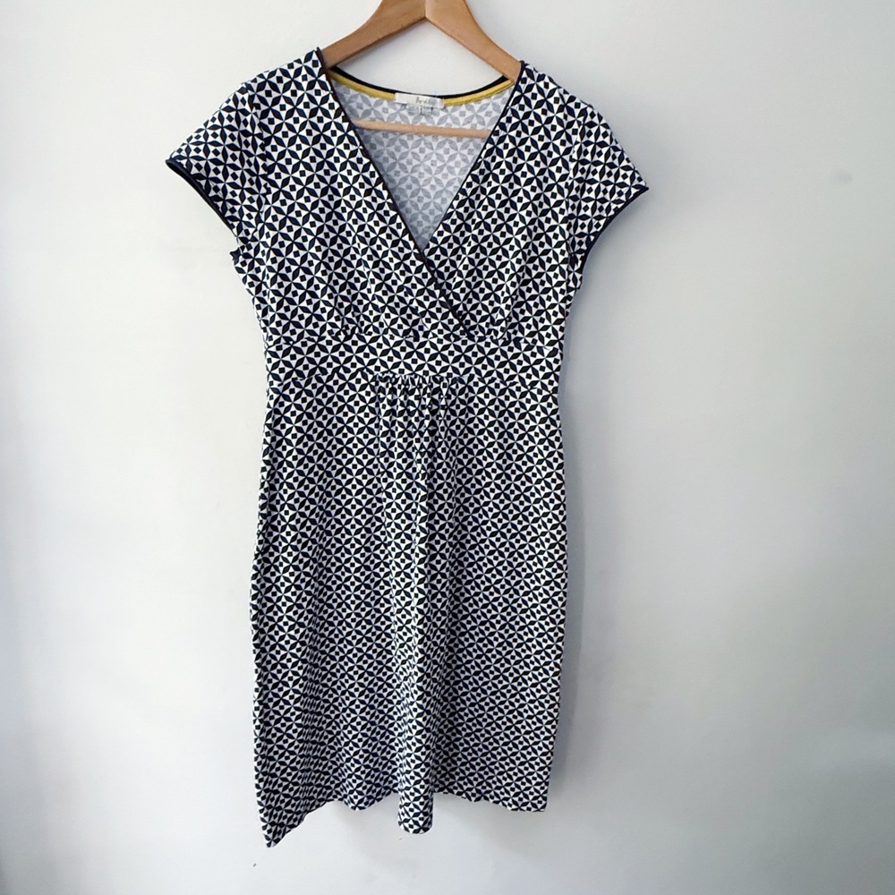 Boden Dress Women 6R Navy White Geometric V-Neck Faux Wrap Casual Mod Preppy